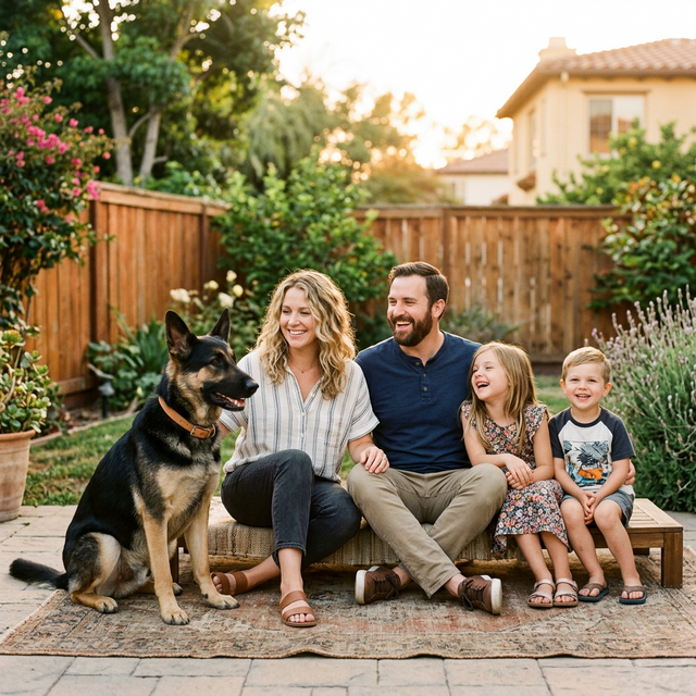 Service dog training German Shepherd with family — Alsatian K9 Training California