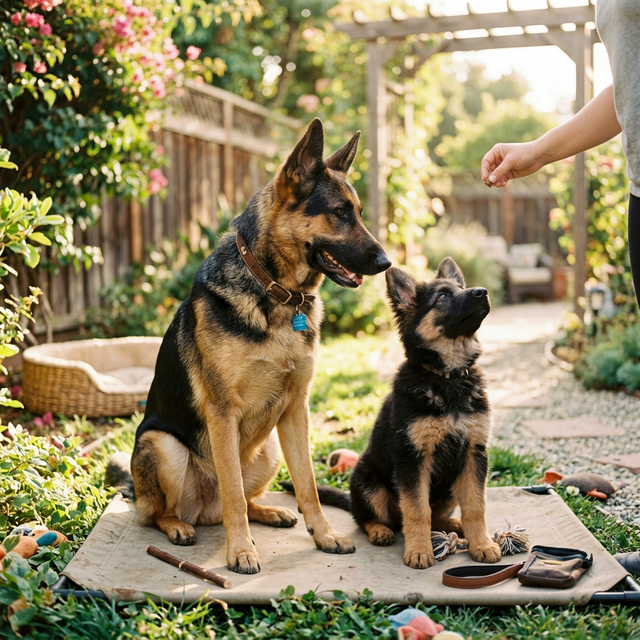 German Shepherd puppy and adult dog together in California training — Alsatian K9 Training